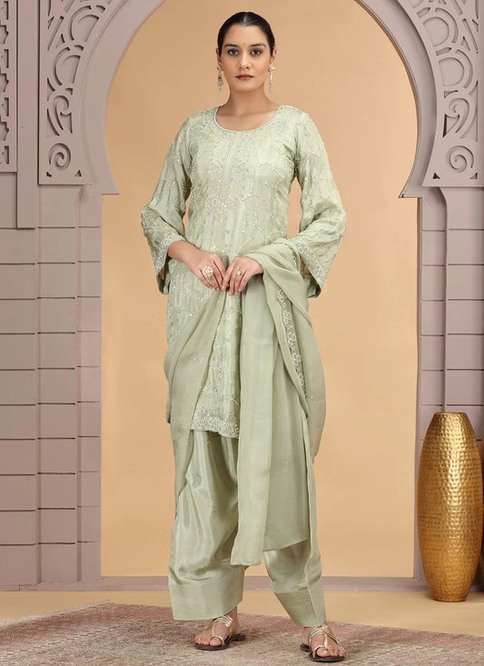 Chhap Light Green Colour Satin Silk Hand Work Salwar Suit 