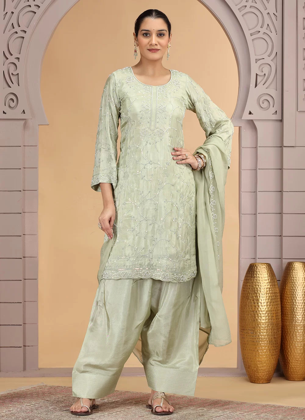 Chhap Light Green Colour Satin Silk Hand Work Salwar Suit 