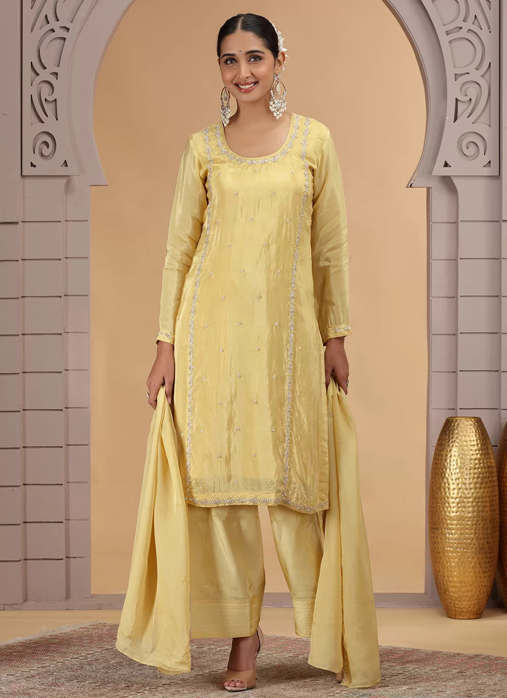 Chhap Yellow Colour Satin Silk Hand Work Salwar Suit | Grab2Buy