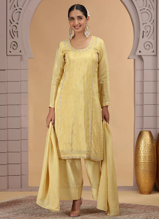 Chhap Yellow Colour Satin Silk Hand Work Salwar Suit