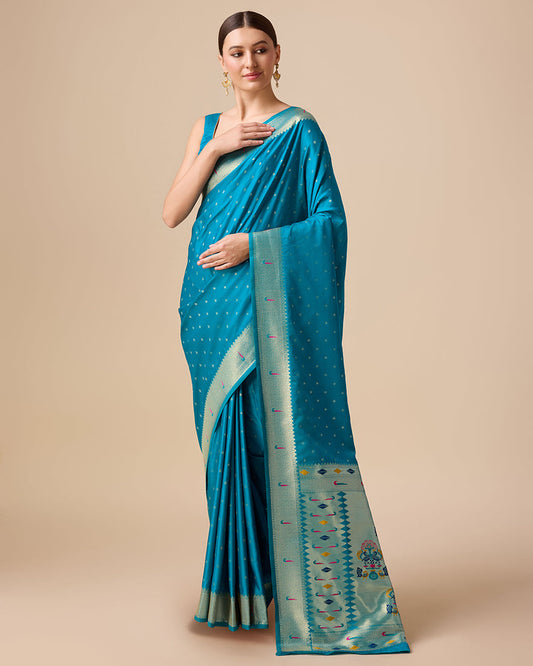 Monjolika Fashion Opulent Paithani In Regal Blue Color With Gold Weaves Delicate Zari Work Silk Saree