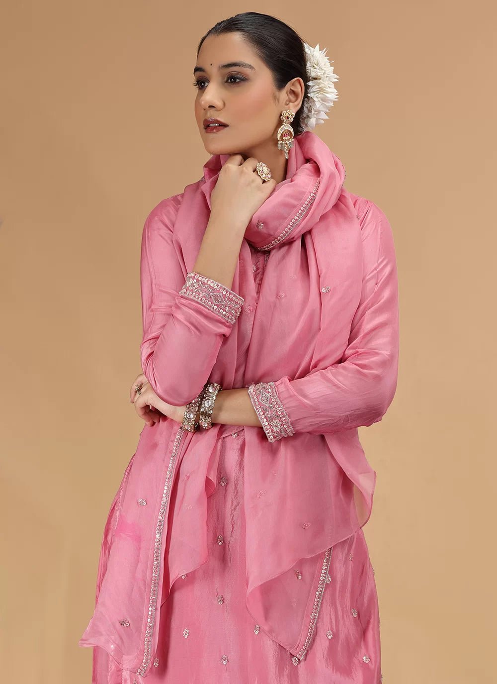 Chhap Pink Colour Satin Silk Hand Work Salwar Suit 