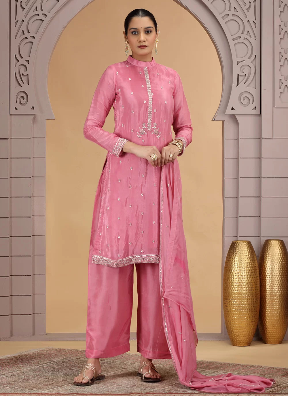 Chhap Pink Colour Satin Silk Hand Work Salwar Suit 