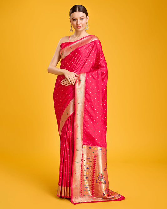 Monjolika Fashion Opulent Paithani In Regal Bright Pink Color With Gold Weaves Delicate Zari Work Silk Saree