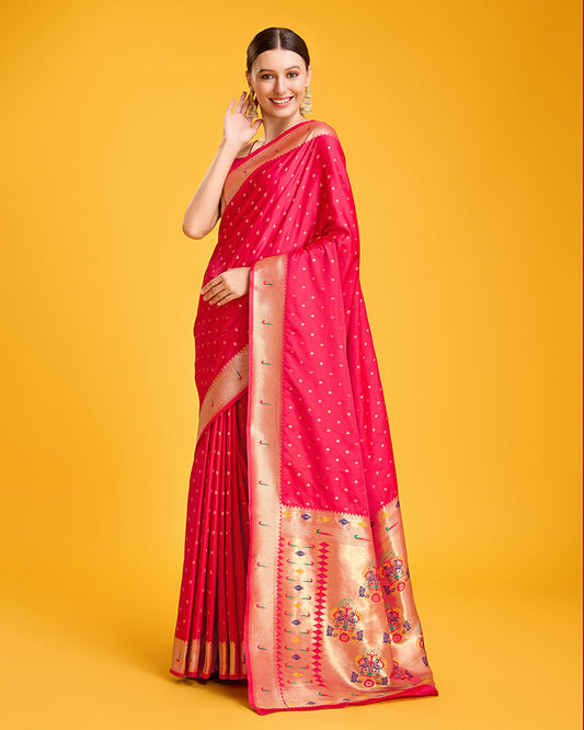 Monjolika Fashion Opulent Paithani In Regal Bright Pink Color With Gold Weaves Delicate Zari Work Silk Saree