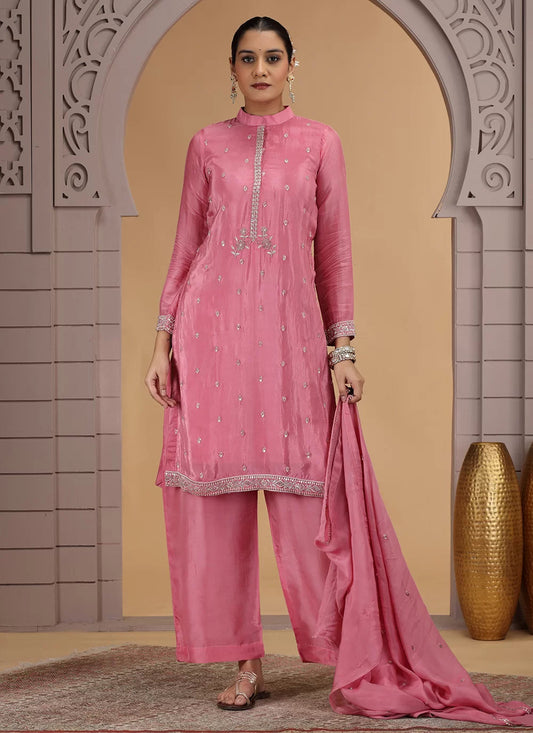 Chhap Pink Colour Satin Silk Hand Work Salwar Suit 