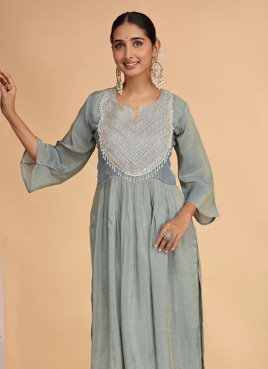 Chhap Firozi Colour Organza Shimmer Hand Work Salwar Suit