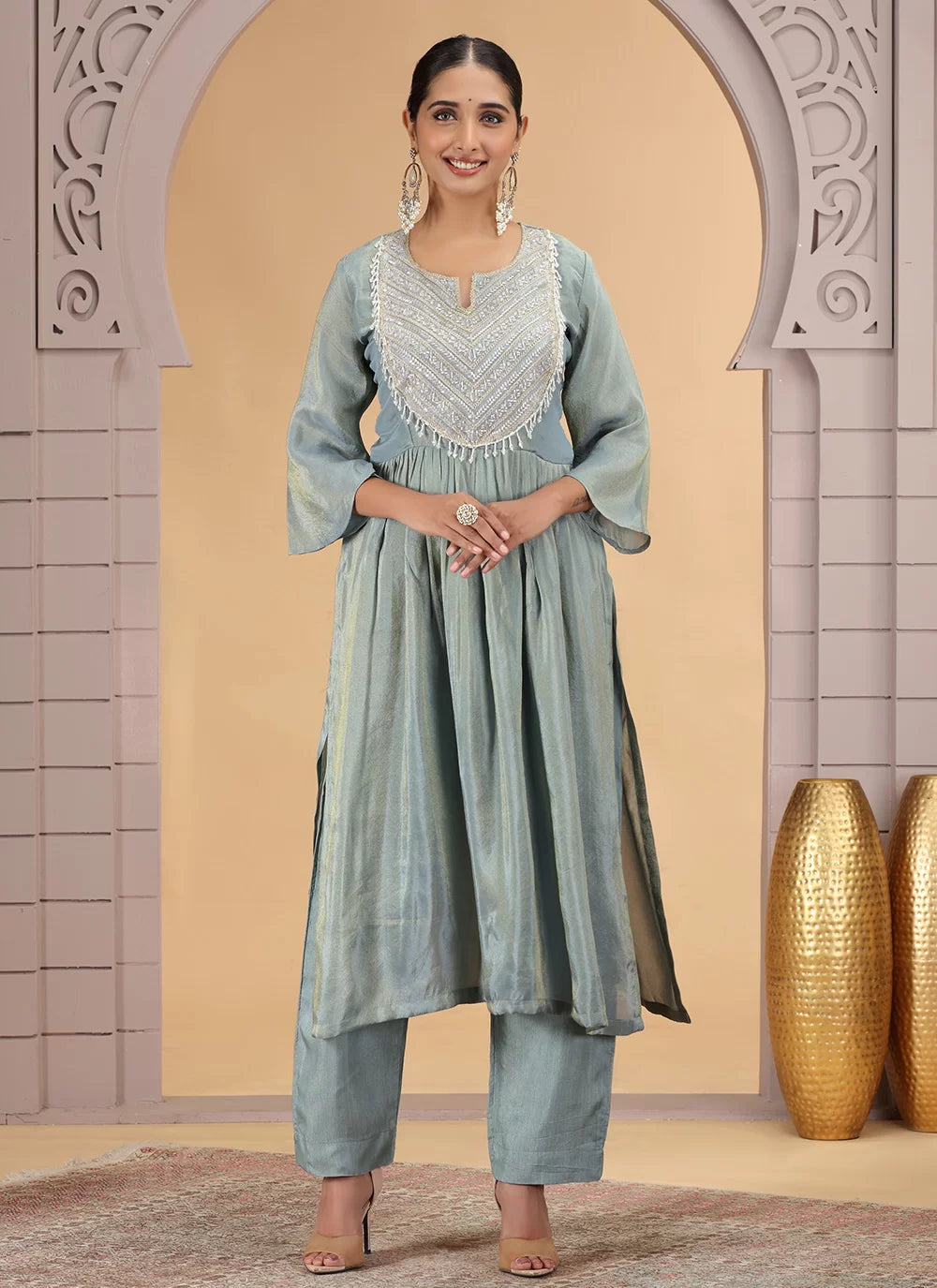 Chhap Firozi Colour Organza Shimmer Hand Work Salwar Suit | Grab2Buy