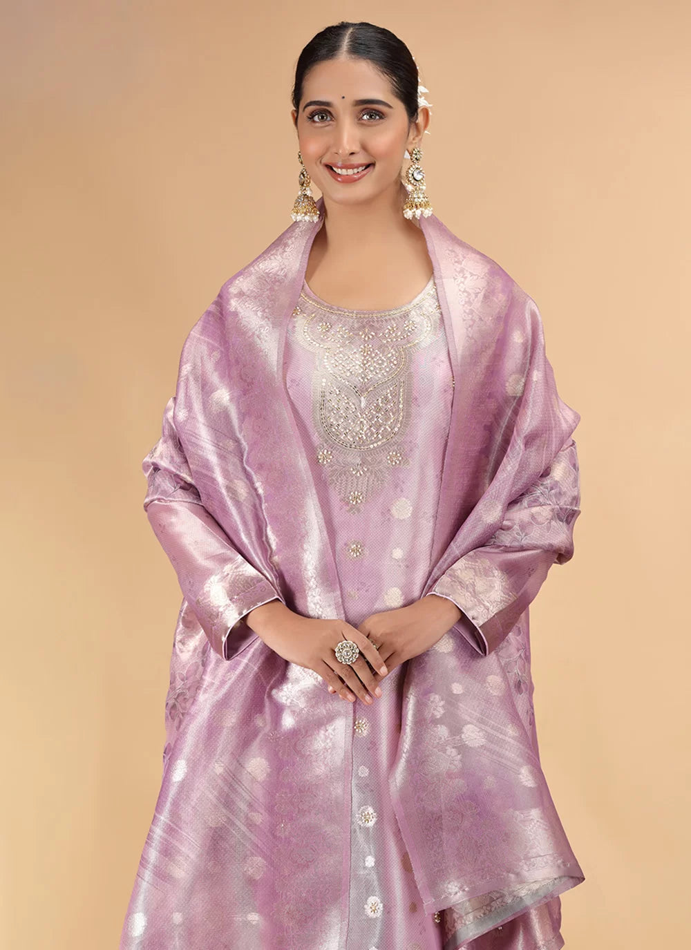 Chhap Organza Jacquard Woven and Hand Work Salwar Suit In Purple Pink Colour 