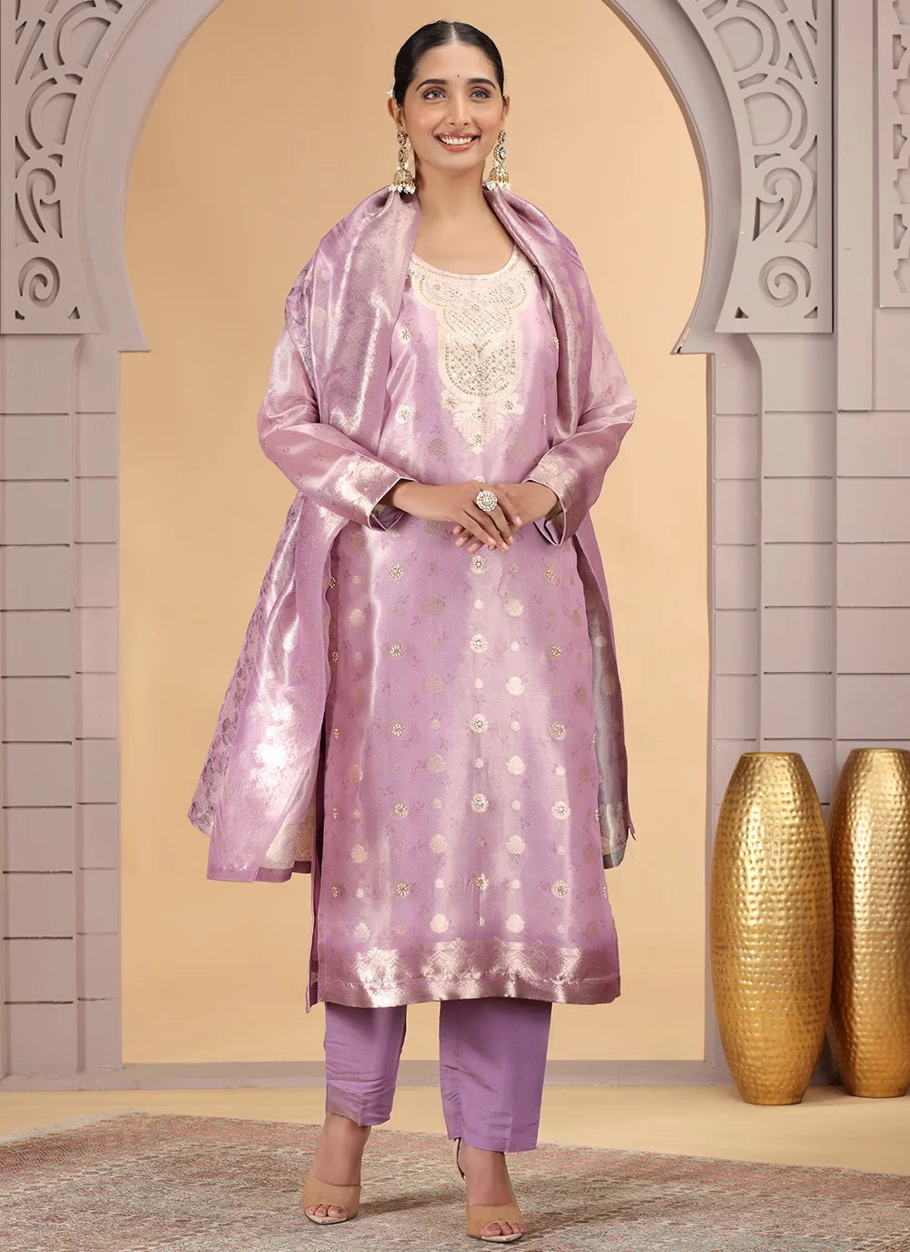Chhap Organza Jacquard Woven and Hand Work Salwar Suit In Purple Pink Colour 
