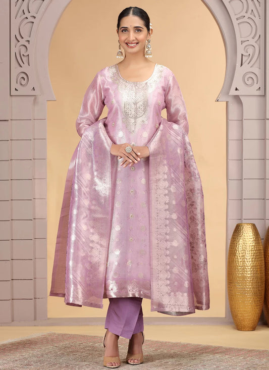 Chhap Organza Jacquard Woven and Hand Work Salwar Suit In Purple Pink Colour 