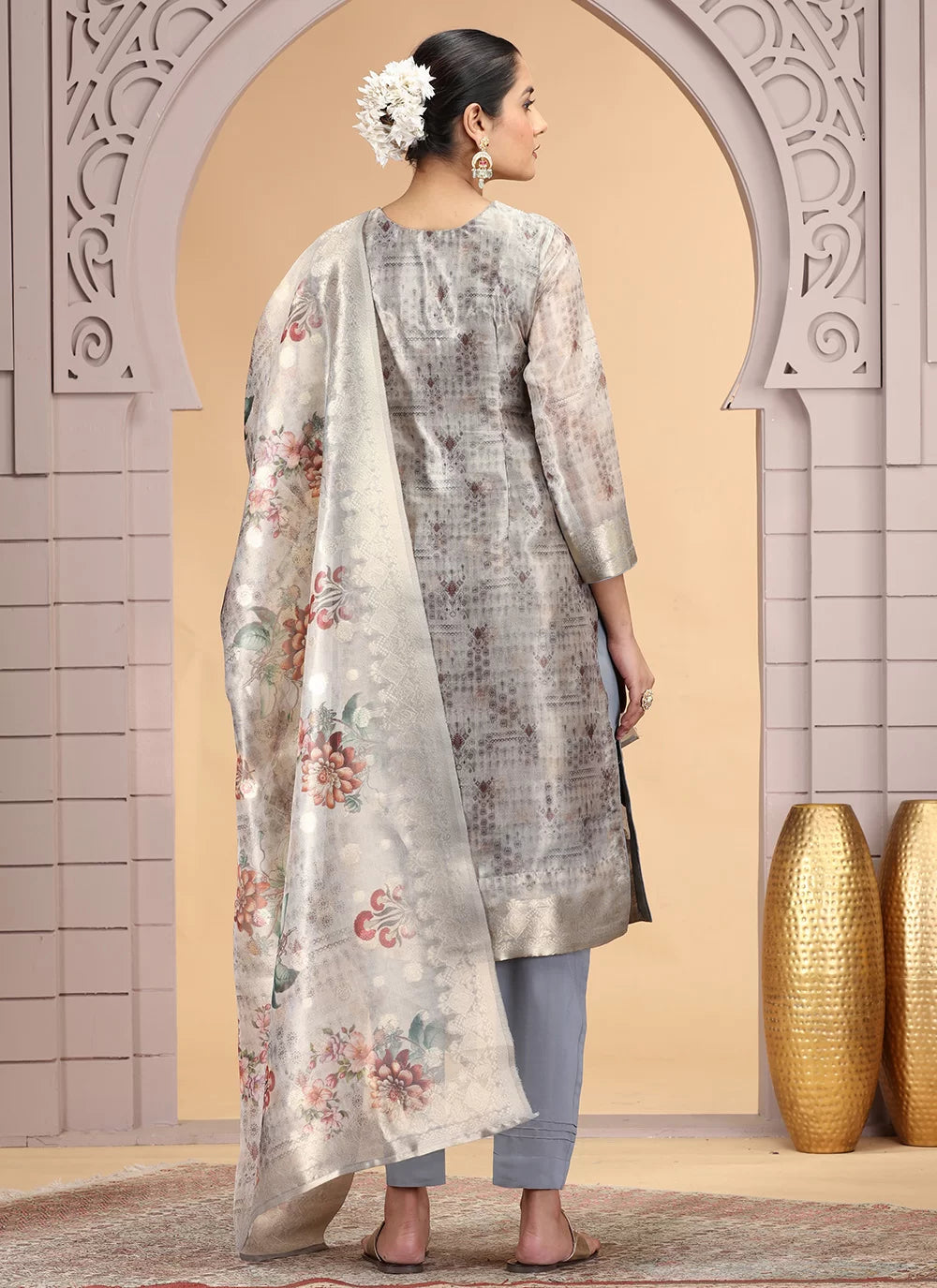 Chhap Organza Jacquard Woven and Hand Work Salwar Suit In Grey Brown Colour 