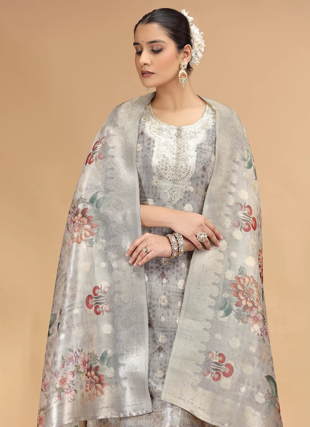 Chhap Organza Jacquard Woven and Hand Work Salwar Suit In Grey Brown Colour 