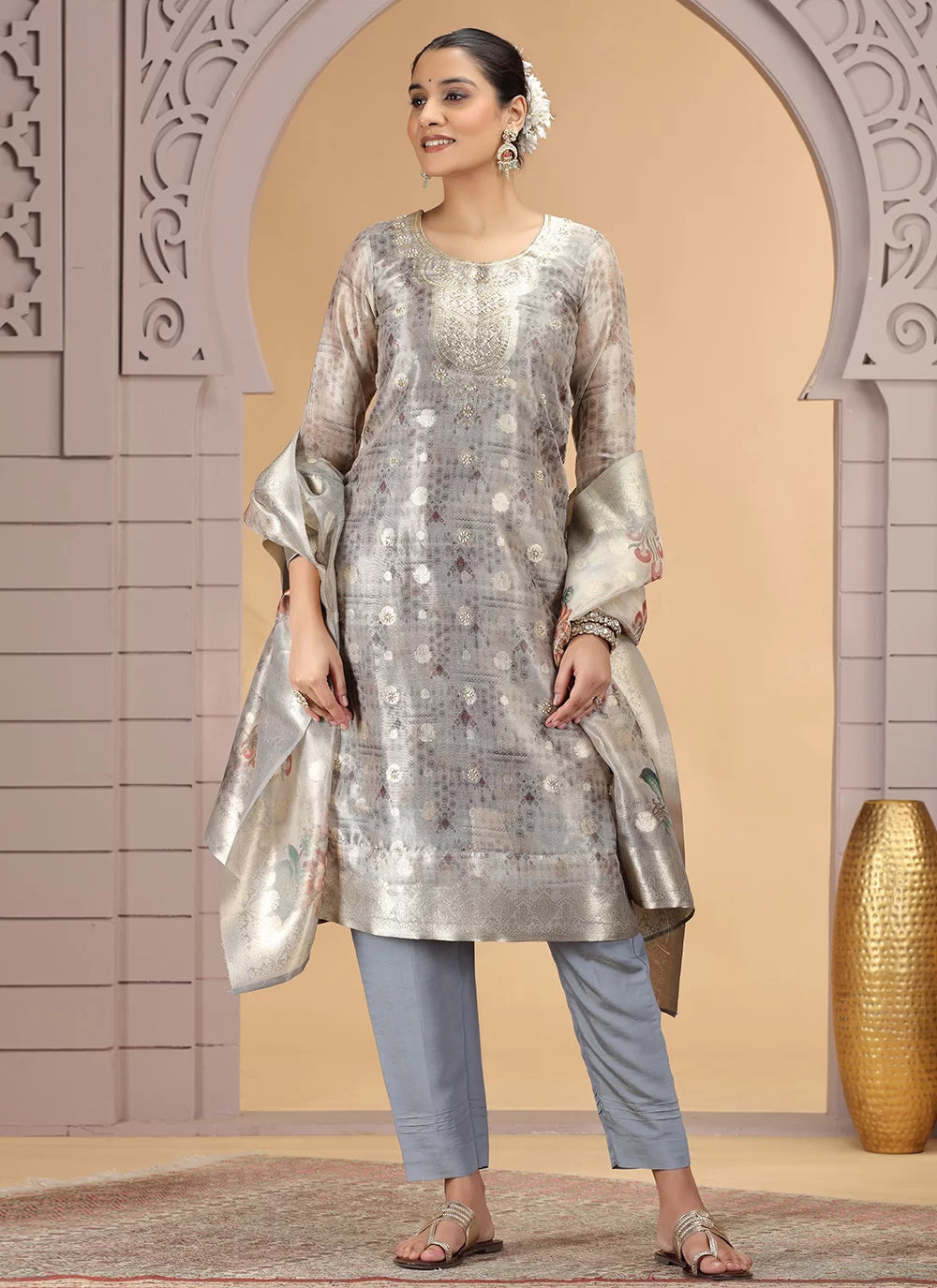 Chhap Organza Jacquard Woven and Hand Work Salwar Suit In Grey Brown Colour 