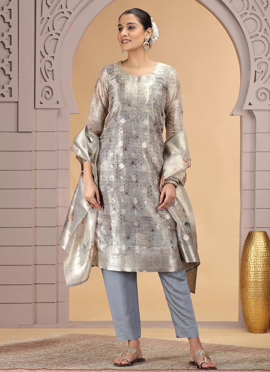 Chhap Organza Jacquard Woven and Hand Work Salwar Suit In Grey Brown Colour 
