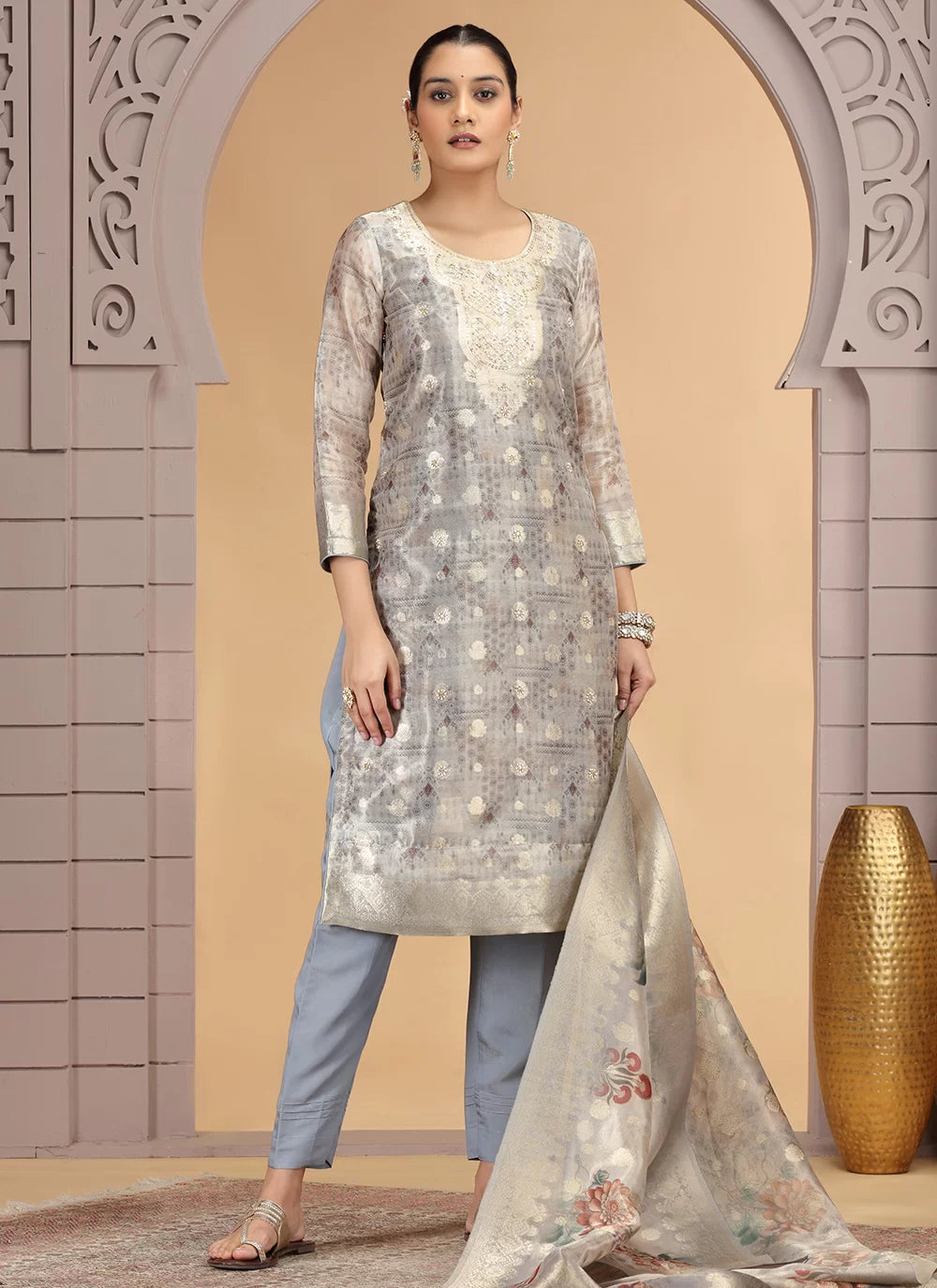 Chhap Organza Jacquard Woven and Hand Work Salwar Suit In Grey Brown Colour 