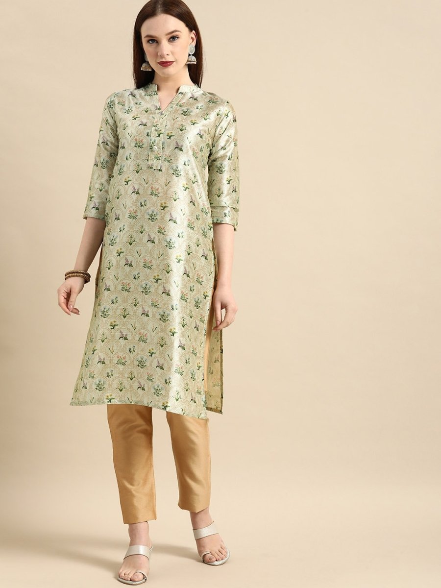 All About You Women Sea Green Floral Block Print Mandarin Collar Chanderi Silk Blend Kurta