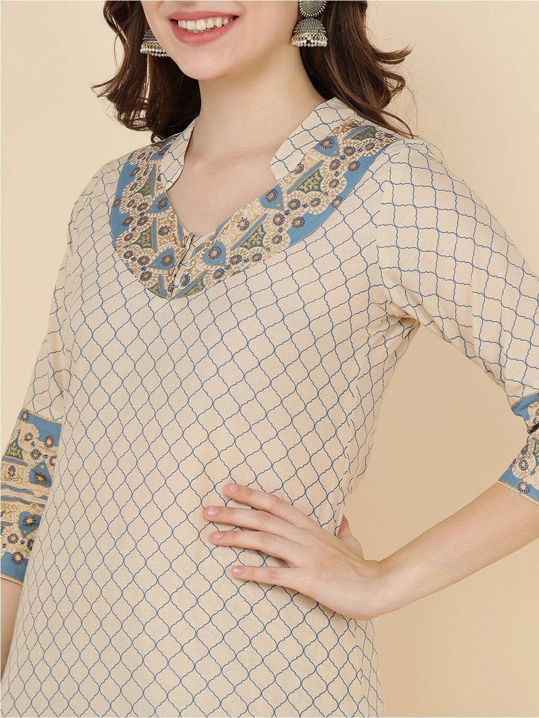 HERE&NOW Women Beige Printed Pure Cotton Kurta with Churidar & With Dupatta