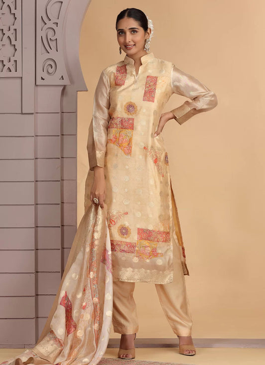 Chhap Organza Jacquard Woven and Hand Work Salwar Suit In Black Golden Colour 
