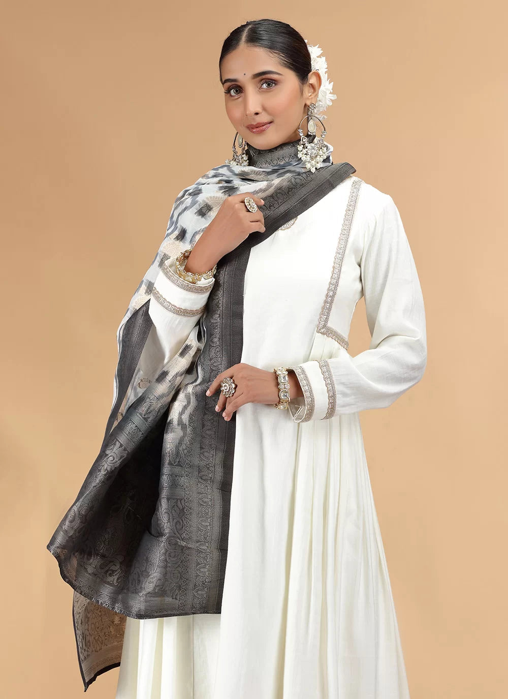 Chhap Chiffon Printed and Hand Work Salwar Suit In Off White Colour 