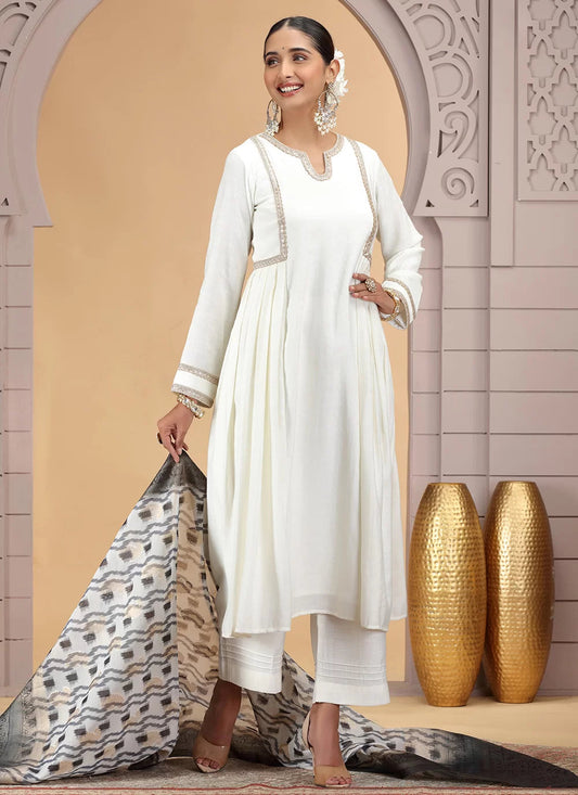 Chhap Chiffon Printed and Hand Work Salwar Suit In Off White Colour 