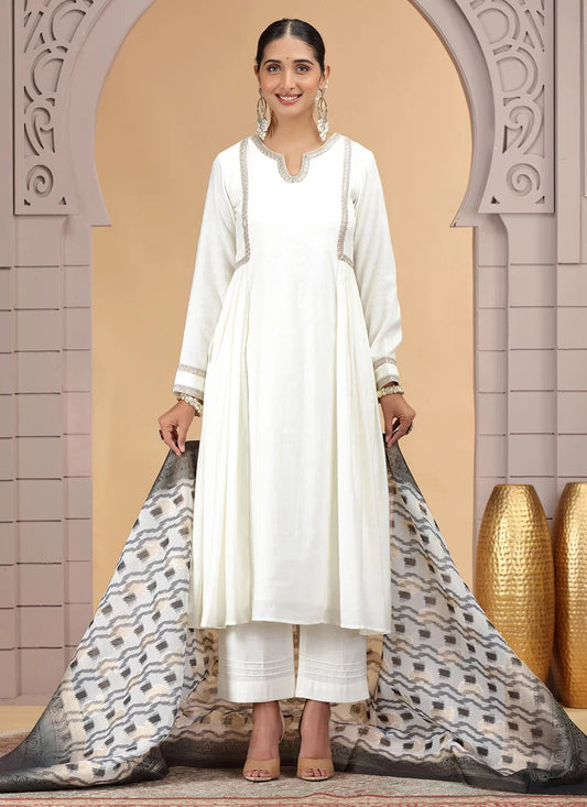 Chhap Chiffon Printed and Hand Work Salwar Suit In Off White Colour 