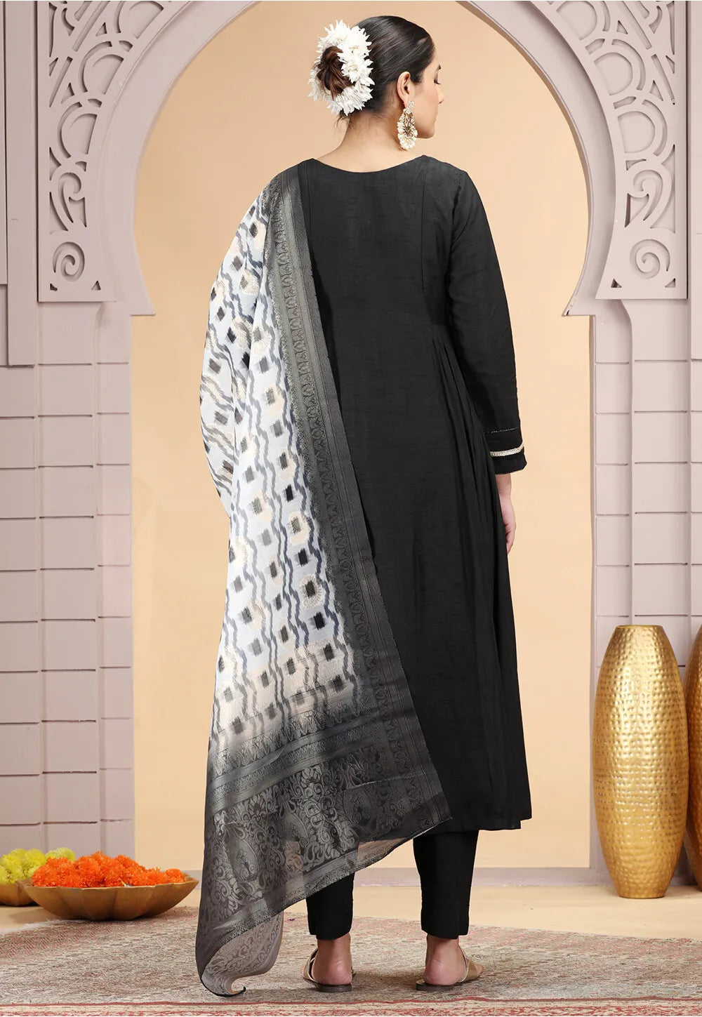 Chhap Chiffon Printed and Hand Work Salwar Suit In Black Colour 