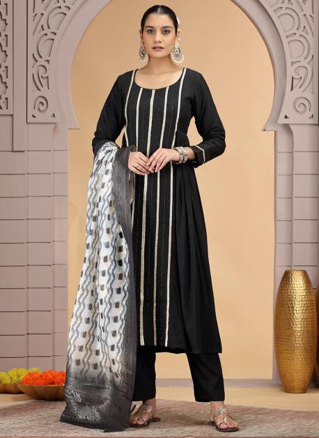 Chhap Chiffon Printed and Hand Work Salwar Suit In Black Colour 