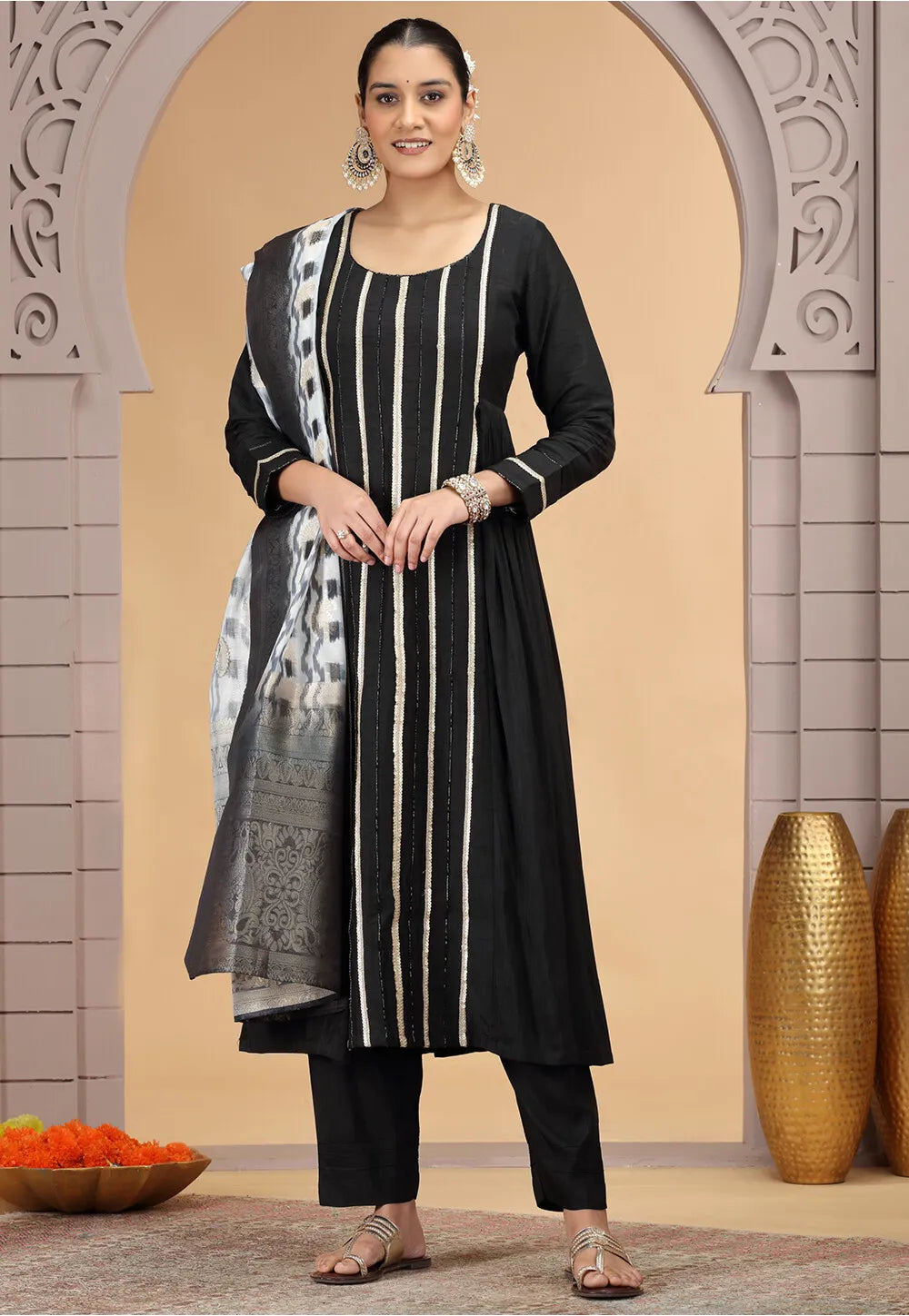 Chhap Chiffon Printed and Hand Work Salwar Suit In Black Colour 