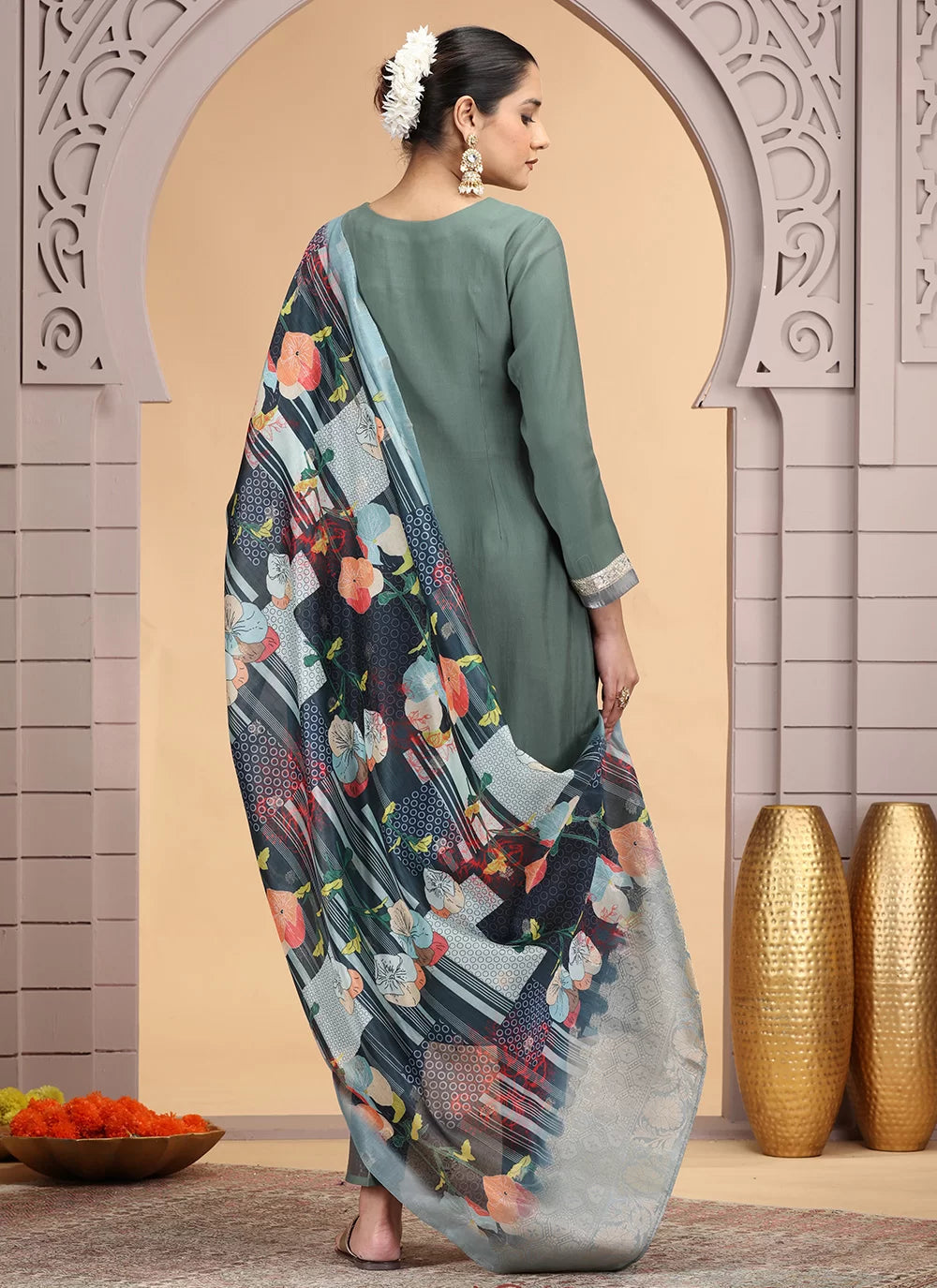 Chhap Tissue Green Colour Chiffon Hand Work Salwar Suit 
