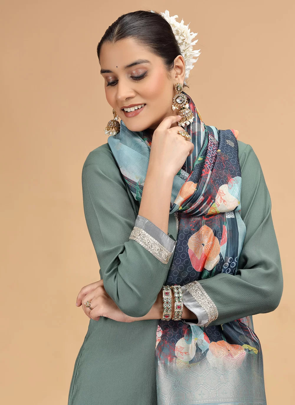 Chhap Tissue Green Colour Chiffon Hand Work Salwar Suit 