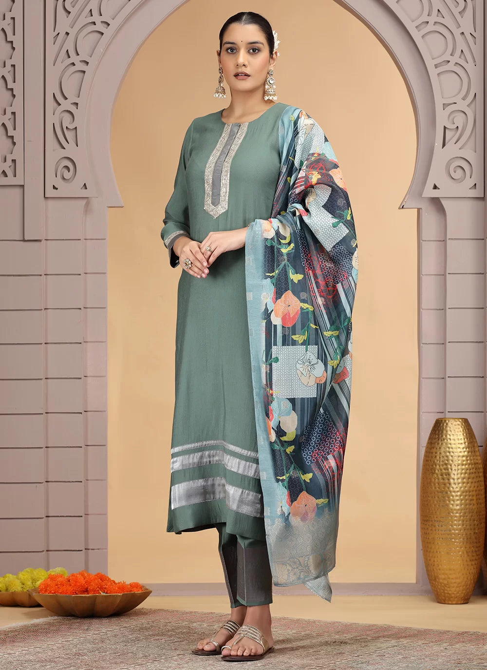Chhap Tissue Green Colour Chiffon Hand Work Salwar Suit 