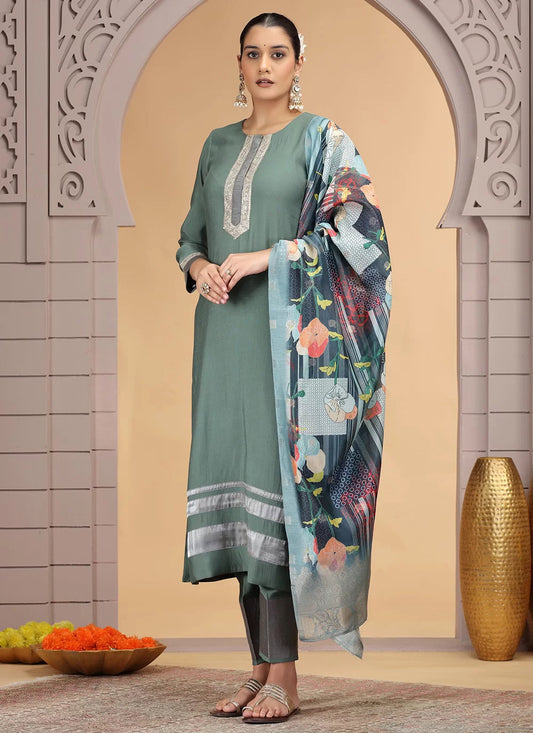 Chhap Tissue Green Colour Chiffon Hand Work Salwar Suit 