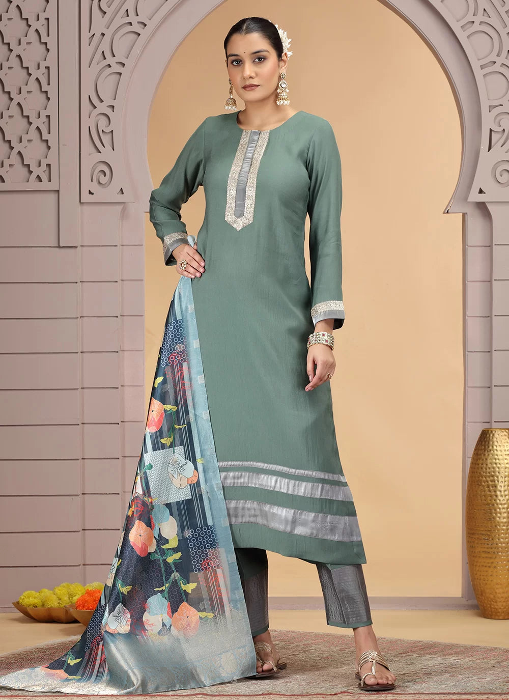 Chhap Tissue Green Colour Chiffon Hand Work Salwar Suit 