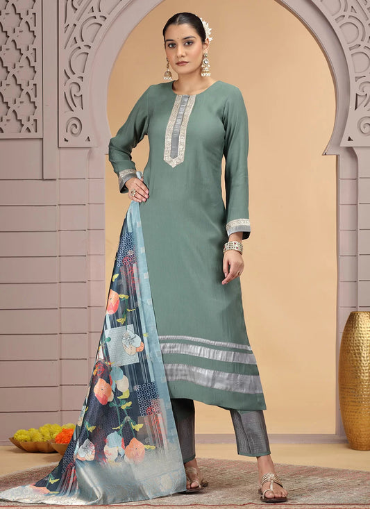 Chhap Tissue Green Colour Chiffon Hand Work Salwar Suit 
