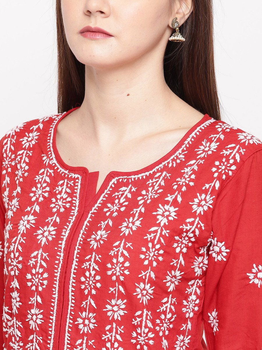 ADA Women Red & White Chikankari Hand Embroidered Straight Sustainable Kurta 