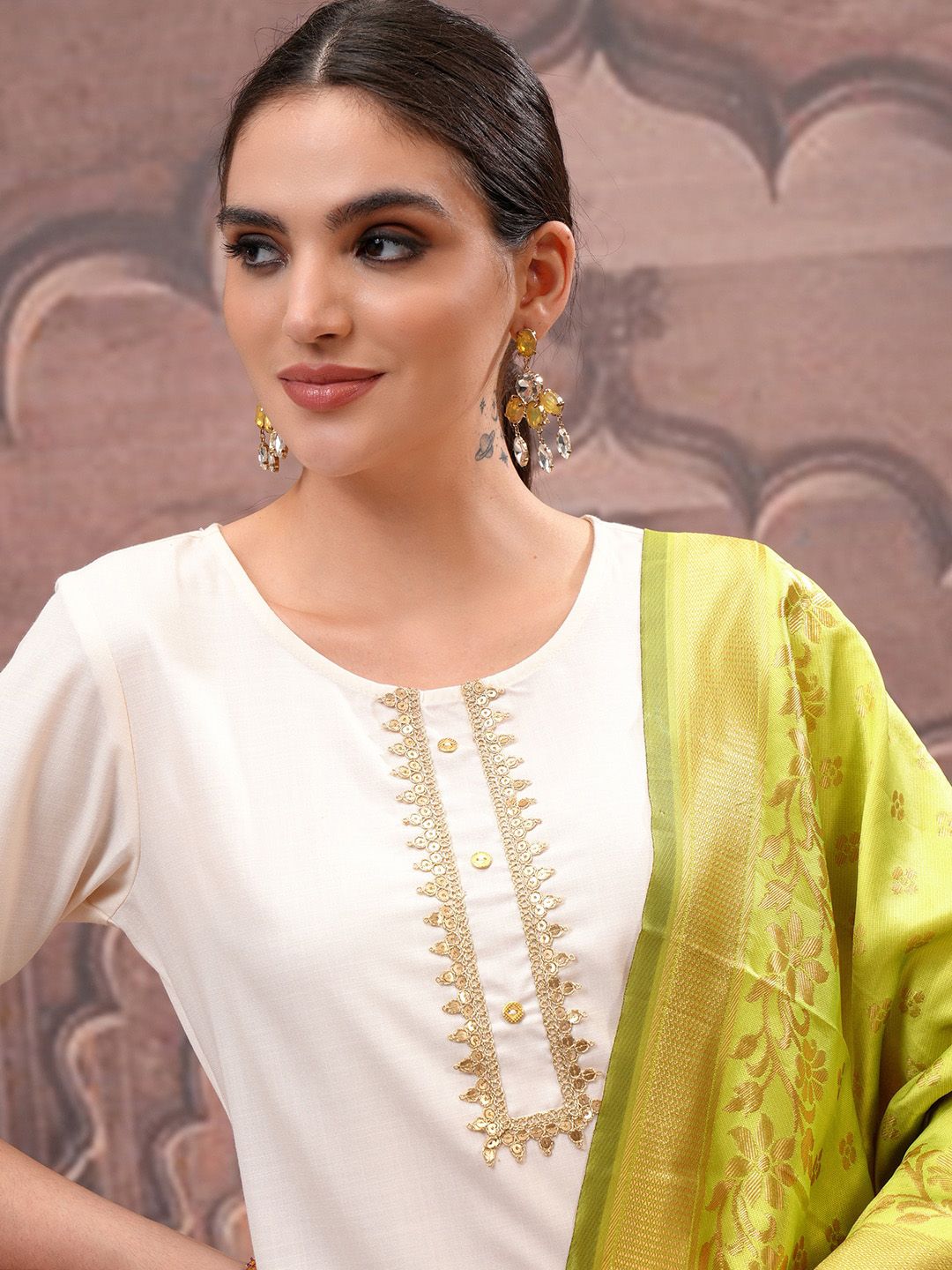 Vishudh Cream Embroidered Straight Kurta with Palazzo & Dupatta | Grab2Buy