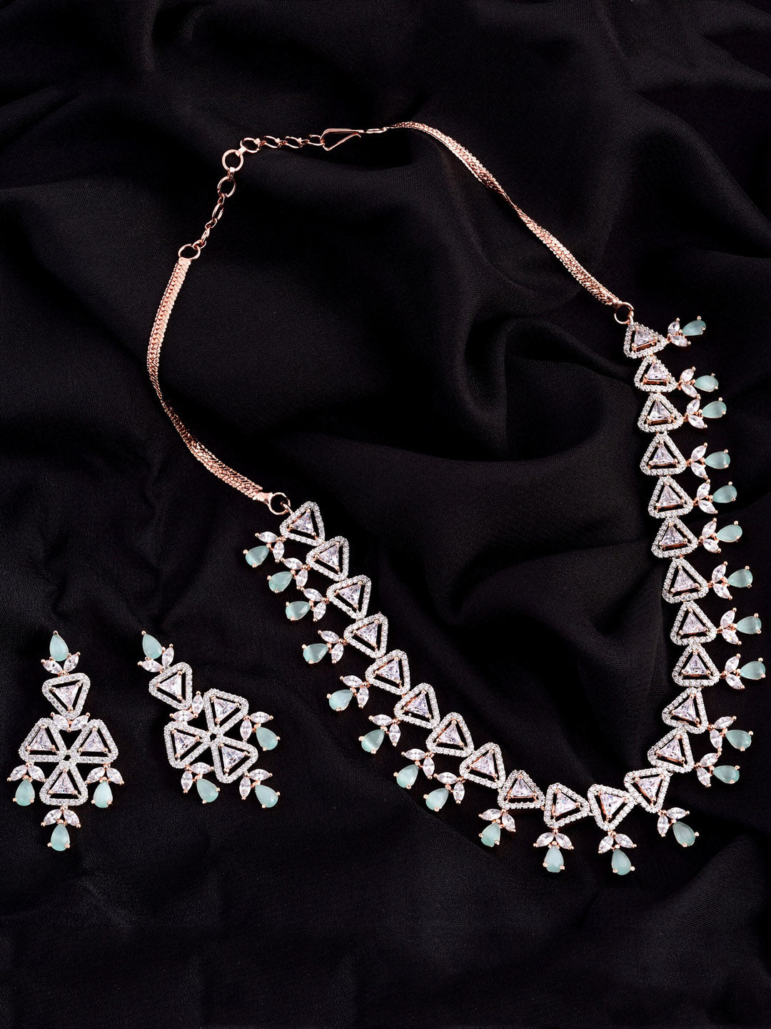 Saraf RS Jewellery Rose Gold-Plated White & Sea Green AD-Studded Handcrafted Jewellery Set - Grab2buy