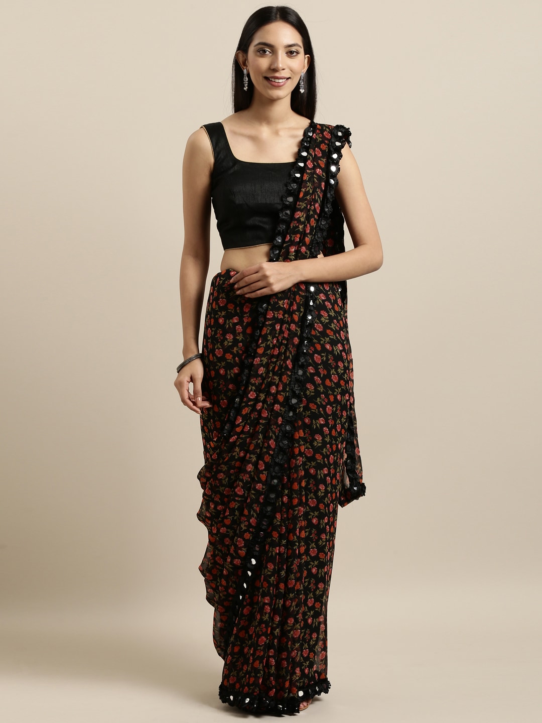 Tikhi Imli Black & Red Poly Georgette Printed Grab2Buy 