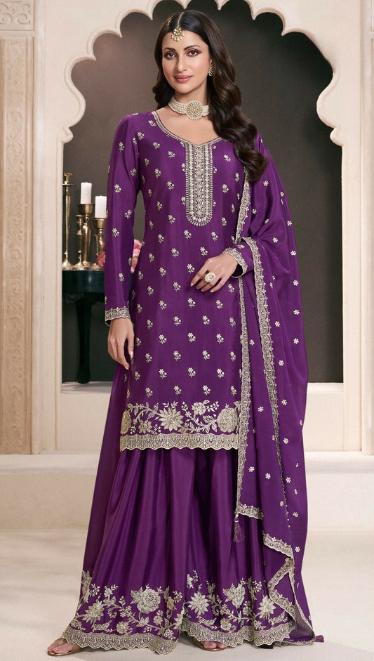 Anaita Purple Chinon Embroidered Thread Work Stitched Salwar Suit