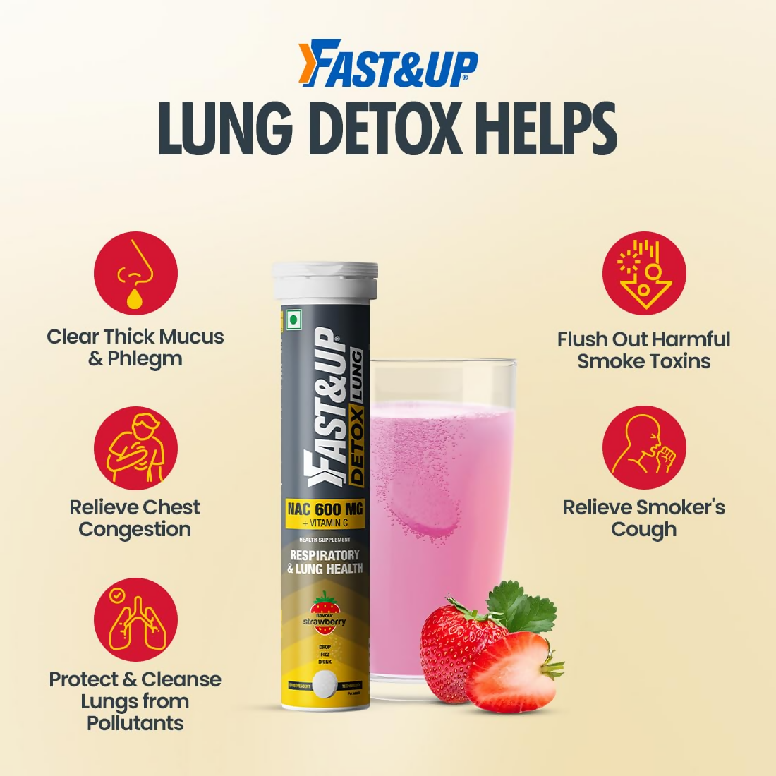 FAST&UP Detox Lung N-Acetylcysteine 600mg + Vitamin C - Strawberry Flavour Tablets 