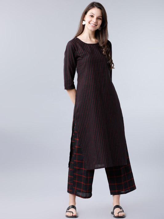 Vishudh Women Black & Red Striped A-Line Kurta | Grab2Buy