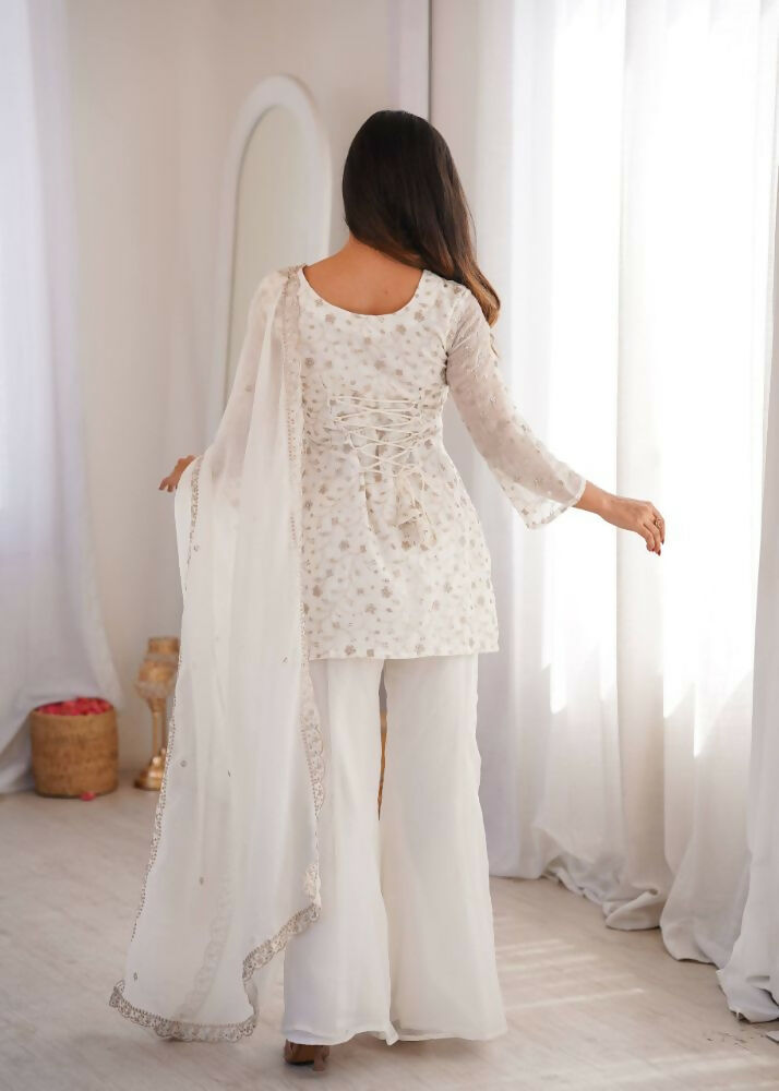 Teeya Creation White Embroidered Short Kurti Sharara Suit Set With Dupatta