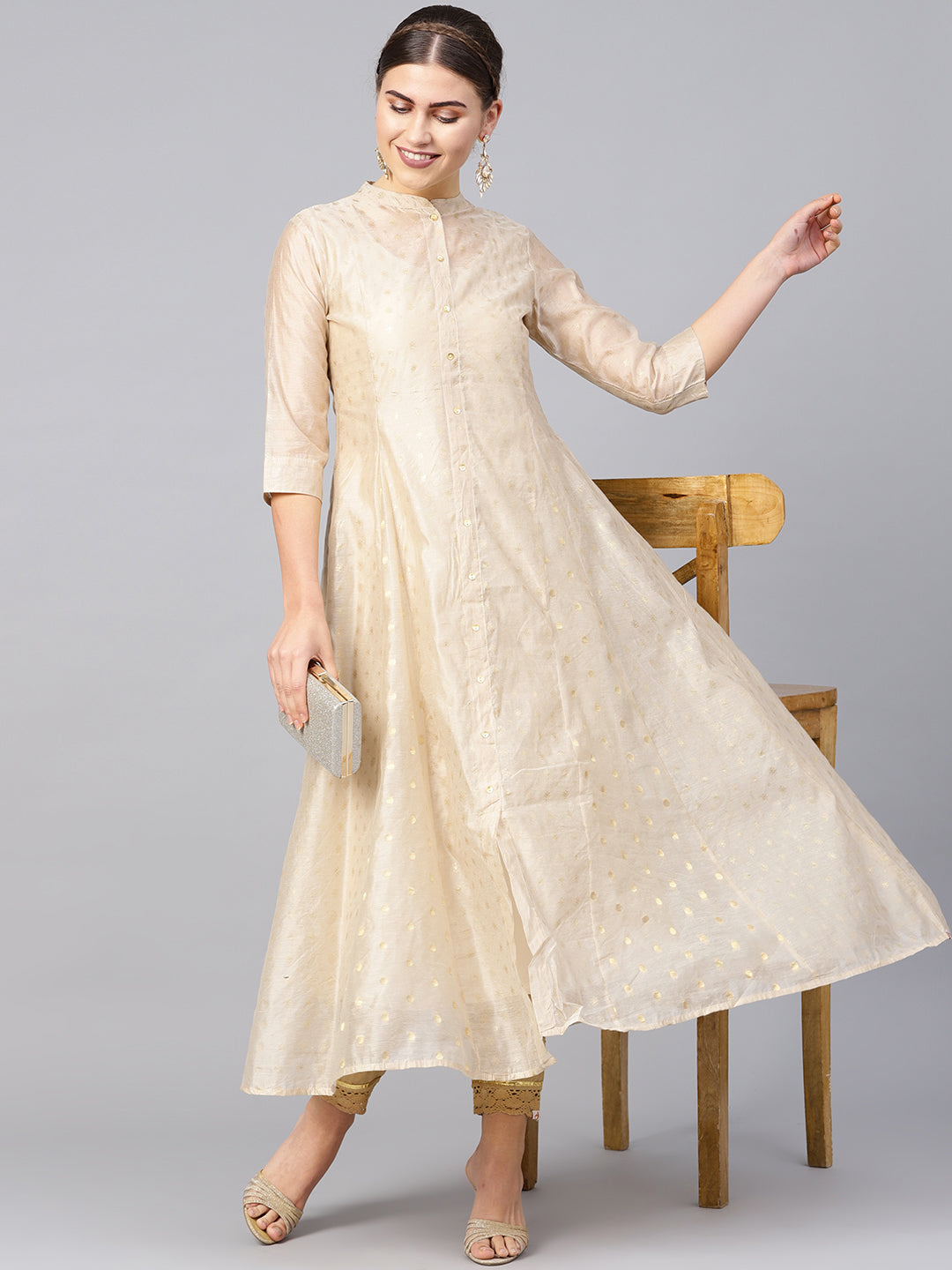 Juniper Womens Beige Chanderi Foil Print Kurta