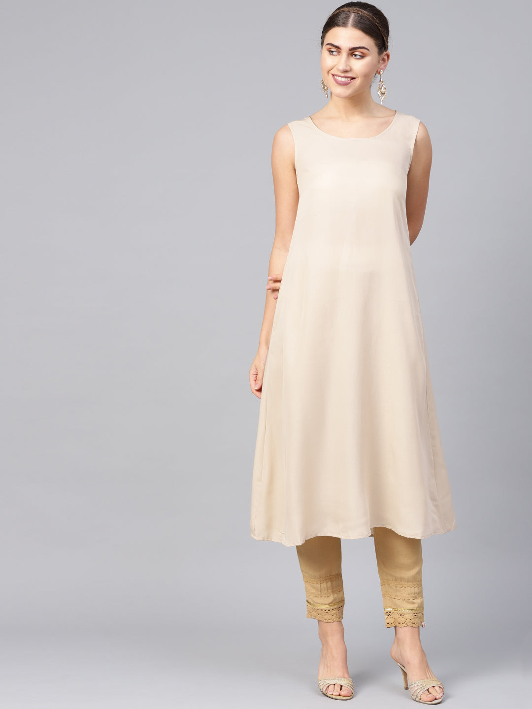 Juniper Womens Beige Chanderi Foil Print Kurta