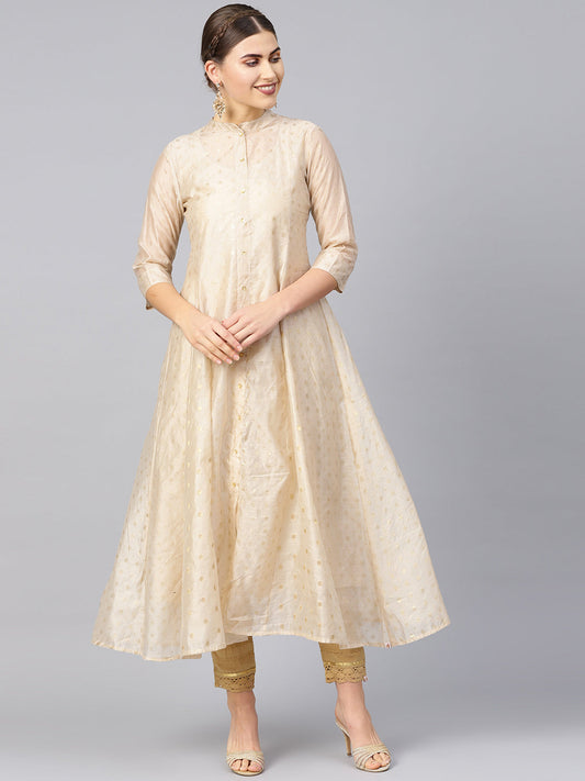 Juniper Womens Beige Chanderi Foil Print Kurta