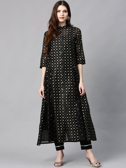 Juniper Womens Black Chanderi Foil Print Kurta | Grab2Buy