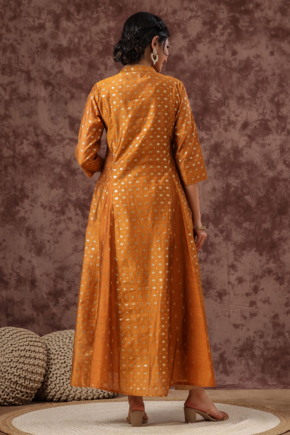 Juniper Womens Mustard Chanderi Foil Print Kurta