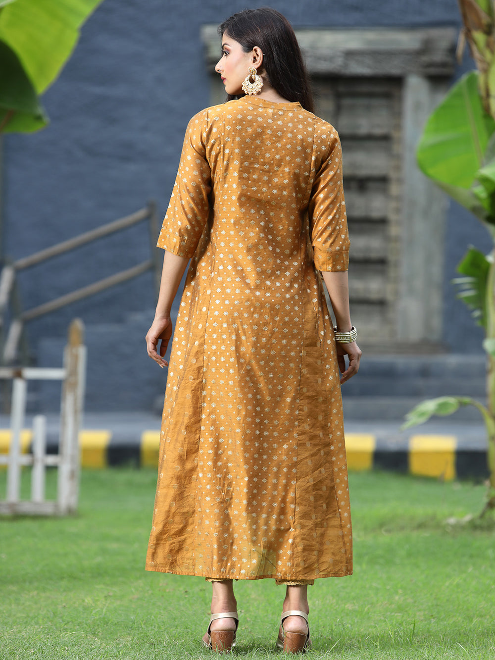 Juniper Women's Mustard Chanderi Silk Printed Anarkali Kurta