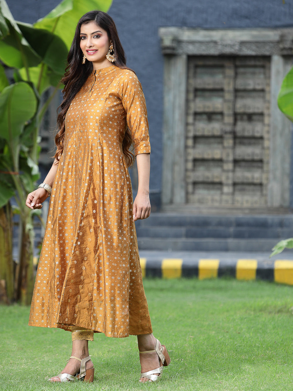 Juniper Women's Mustard Chanderi Silk Printed Anarkali Kurta